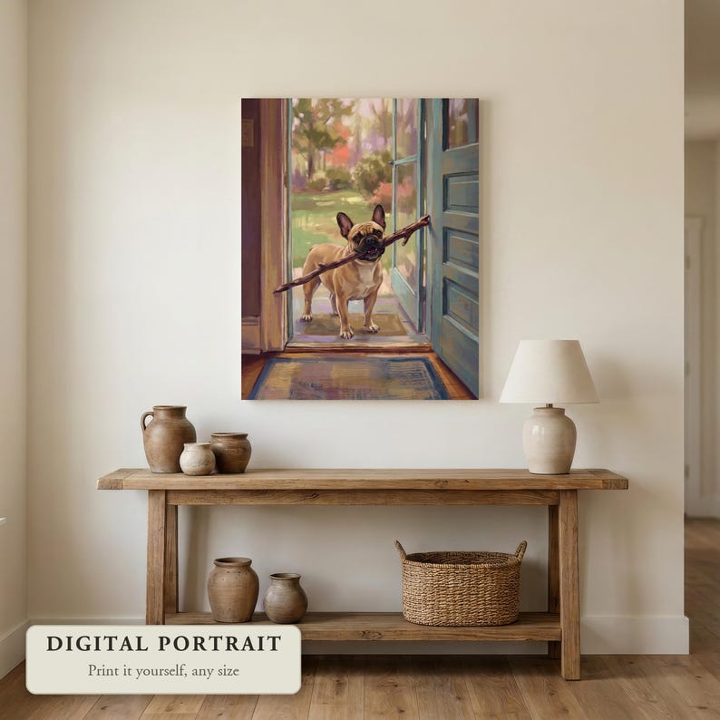 Custom dog portrait of a dog carrying a too big stick through the door, hung on a wall in an entryway, shown as a digital file you print yourself