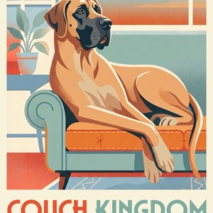 Custom Dog Portrait from Photo, Dog Draped Over the Couch, Retro Living Room Wall Art, Travel Poster Illustration, Art Print or Canvas imagen 2