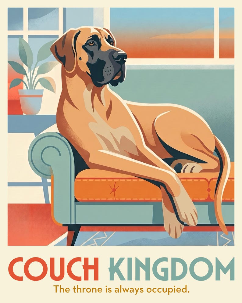 Custom Dog Portrait from Photo, Dog Draped Over the Couch, Retro Living Room Wall Art, Travel Poster Illustration, Art Print or Canvas imagen 2