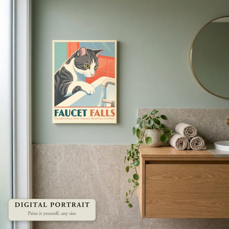 Custom cat portrait in a retro travel poster style, a cat at the faucet, hung on a wall in a bathroom, shown as a digital file you print yourself