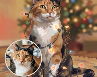 Custom Cat Portrait from Photo, Cat in Christmas Lights, Digital Cat Illustration, Printable Wall Art, Holiday Cat Art, Whimsical Wall Art