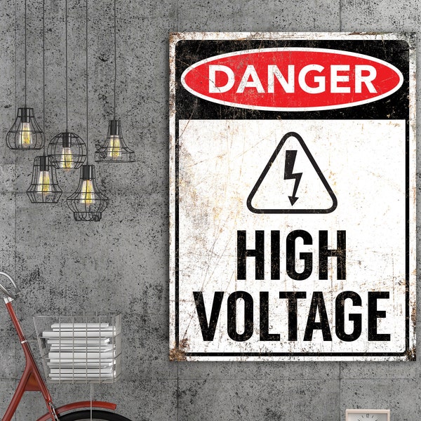 Danger High Voltage Sign, Fun Urban Rustic Canvas Print, Large Warning Symbol Electric Wall Decoration, Dorm, Apartment, or Man Cave Artwork