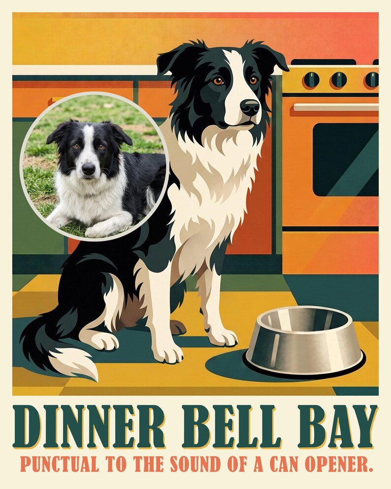 Dinner Bell Travel Poster from Your Photo, Custom Dog Art Print or Canvas, Supper Club Wall Art, Retro Kitchen Wall Decor