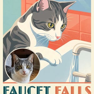 Faucet Travel Poster from Your Photo, Custom Cat Art Print or Canvas, Cat Drinking Water Art, Powder Room Art, Whimsical Bathroom Decor