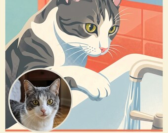 Personalized Cat Portrait from Photo, Cat Drinking from the Faucet, Travel Poster Artwork, Powder Room Wall Art, Art Print or Canvas