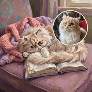Cuddly Custom Cat Portrait from Your Photo, Illustrated Reading Nook Art Digital Download