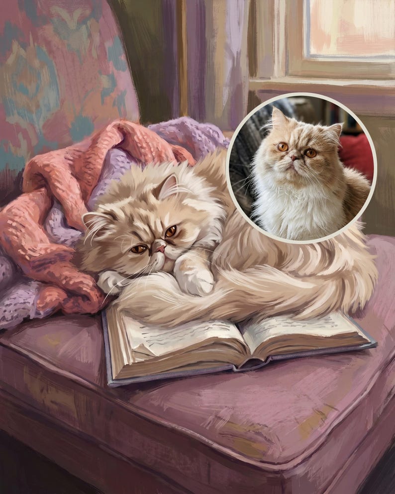 Cuddly Custom Cat Portrait from Your Photo, Illustrated Reading Nook Art Digital Download