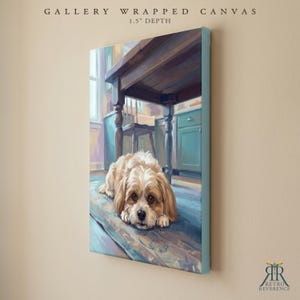 May include: A gallery wrapped canvas with a 1.5 inch depth featuring a painting of a light brown and white dog lying on a blue floor under a dark wooden table in a kitchen with teal cabinets and a window. The text reads GALLERY WRAPPED CANVAS.