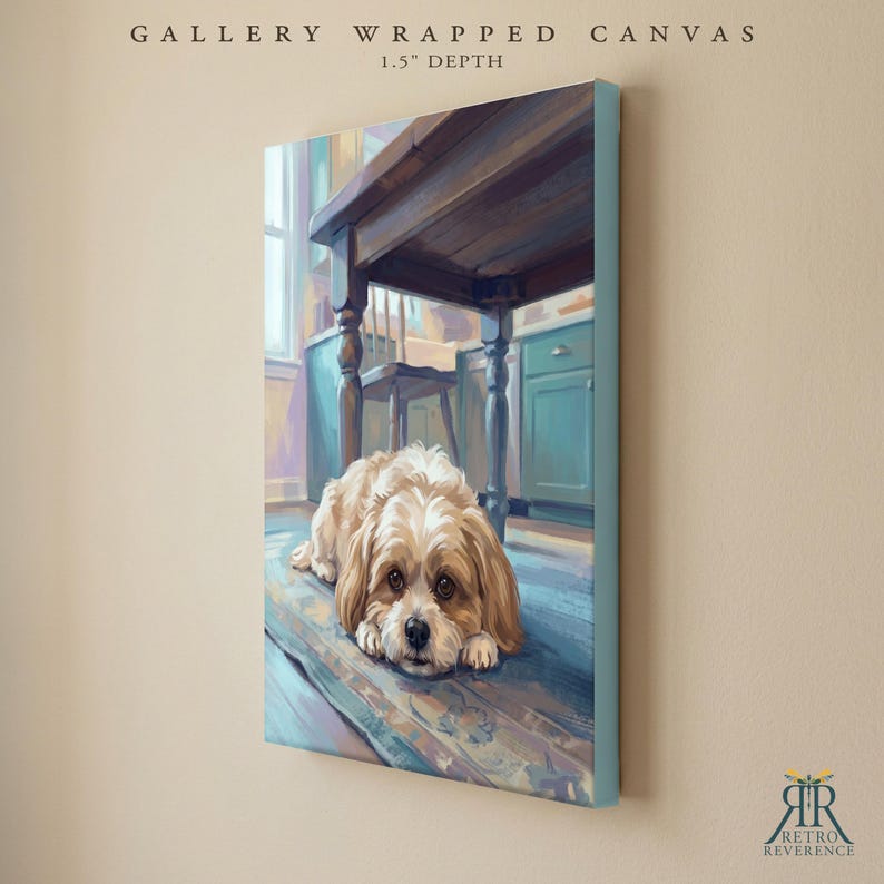 May include: A gallery wrapped canvas with a 1.5 inch depth featuring a painting of a light brown and white dog lying on a blue floor under a dark wooden table in a kitchen with teal cabinets and a window. The text reads GALLERY WRAPPED CANVAS.