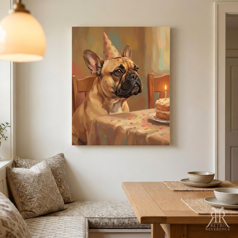 May include: A square wall art print featuring a tan French bulldog wearing a polka-dot party hat, sitting at a table with a small birthday cake topped with a single lit candle. The scene is rendered in a painterly style with warm tones.