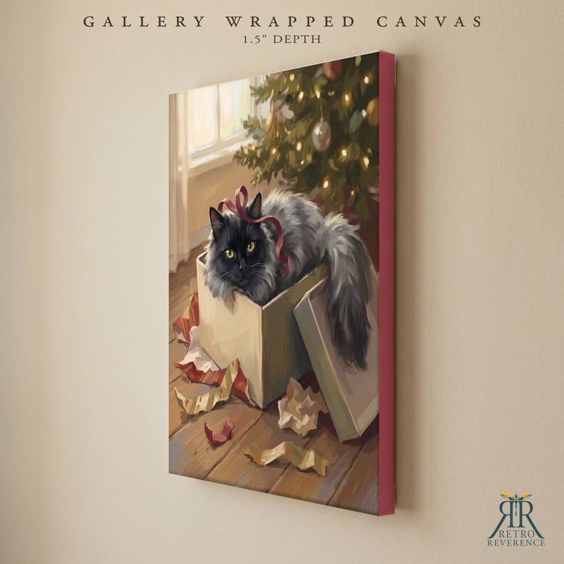 May include: A gallery wrapped canvas with a 1.5 inch depth featuring a painting of a fluffy black cat with yellow eyes sitting inside a cardboard gift box. The cat has a red ribbon around its neck. A Christmas tree with lights is in the background.