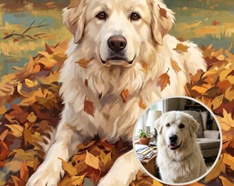 Autumn Pet Portrait, Custom Dog Portrait from Photo, Dog in Fall Leaves, Fall Dog Art, Vintage Style Dog Illustration, Printable Wall Art