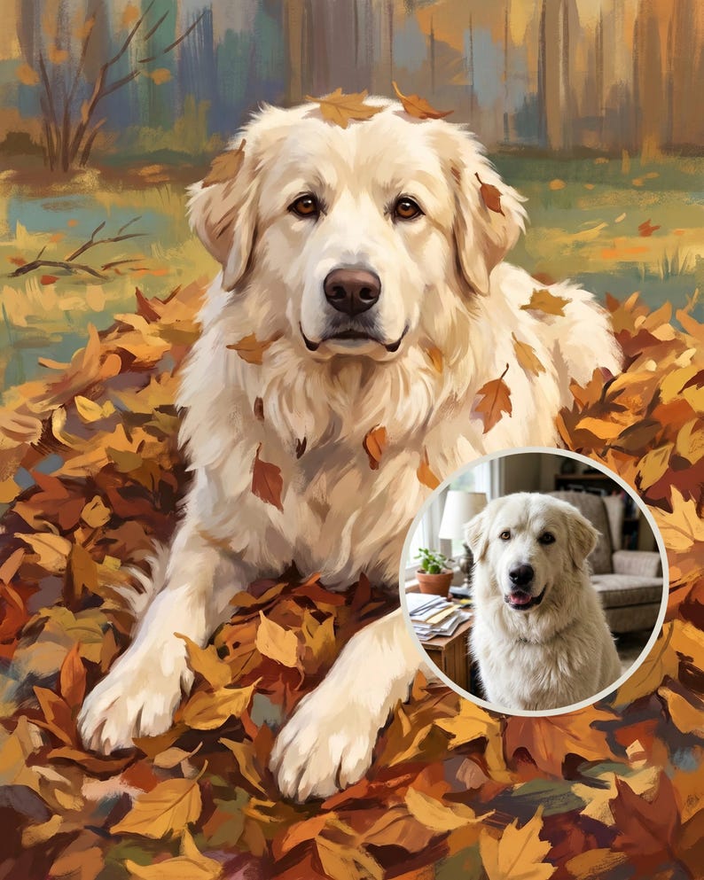 Carefree Custom Dog Portrait from Your Photo, Painterly Fall Leaves Art Digital Download