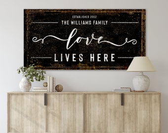 Love Lives Here Family Name Sign Modern Vintage Decor, Large Rustic Canvas Art Print, Farmhouse Wall Decor Living Room Last Name Sign Canvas