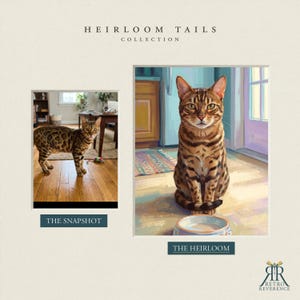 May include: A side-by-side comparison titled HEIRLOOM TAILS COLLECTION featuring a photograph labeled THE SNAPSHOT of a spotted Bengal cat on a wooden floor and an illustration labeled THE HEIRLOOM of the same cat sitting before a bowl.