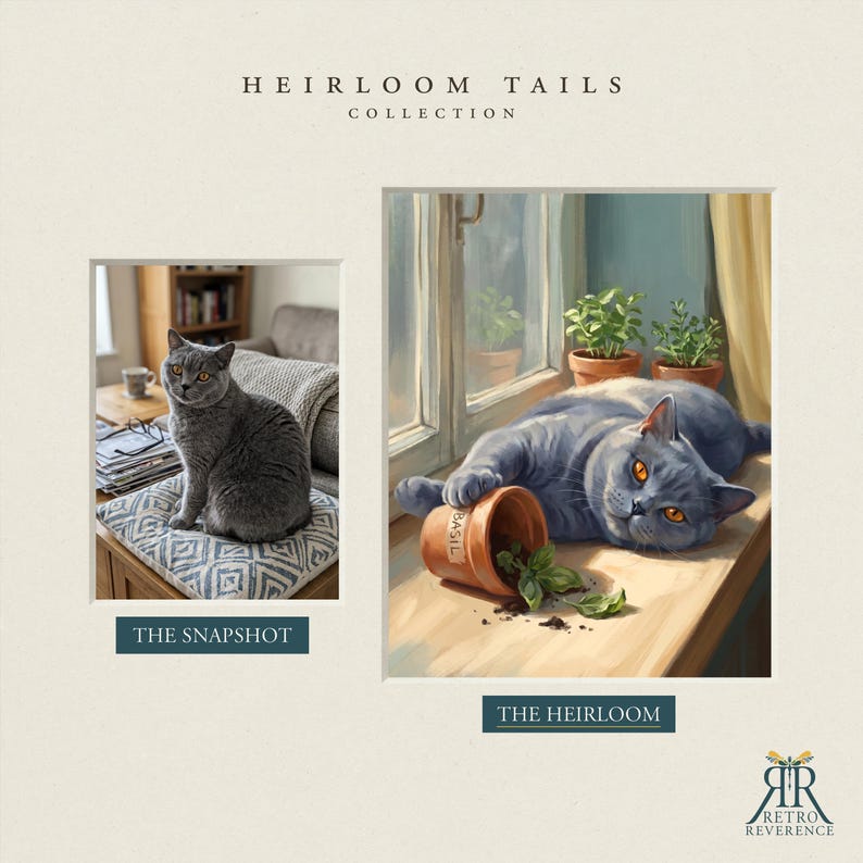 May include: A side-by-side comparison titled Heirloom Tails Collection. On the left, a photograph labeled The Snapshot shows a gray cat on a patterned cushion. On the right, a painting labeled The Heirloom depicts a gray cat with orange eyes.