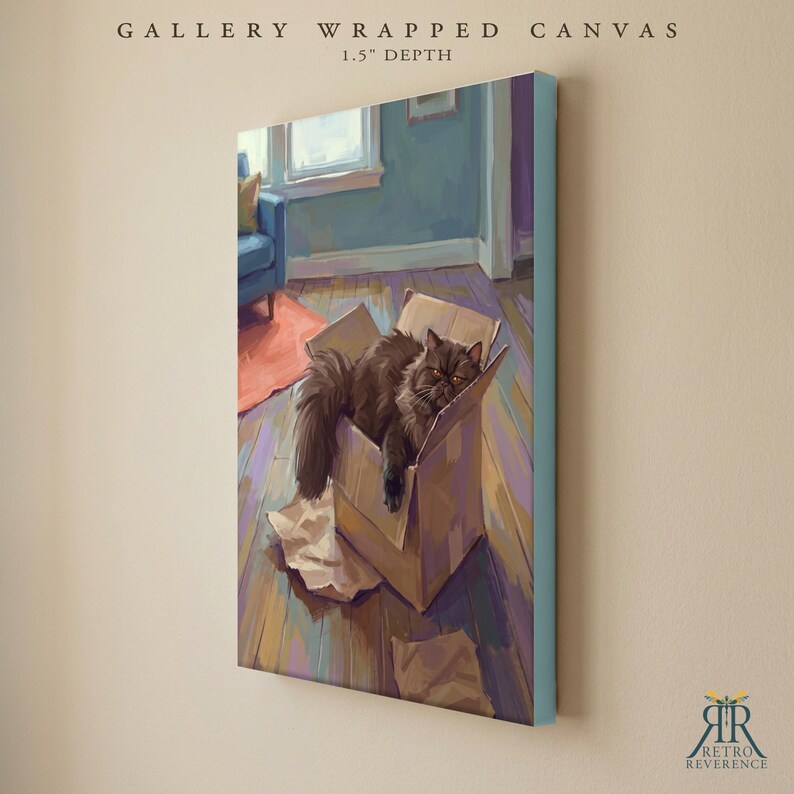 May include: A gallery wrapped canvas with a 1.5 inch depth featuring a painting of a fluffy dark brown cat sitting inside a cardboard box on a wooden floor. The scene includes a blue chair and a peach-colored rug in the background, rendered in a painterly style with visible brushstrokes and warm lighting.