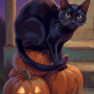 Halloween Pet Portrait from Photo, Spooky Cat Wall Art, Cat on Porch with Pumpkins, Personalized Cat Illustration, Printable Wall Art image 2