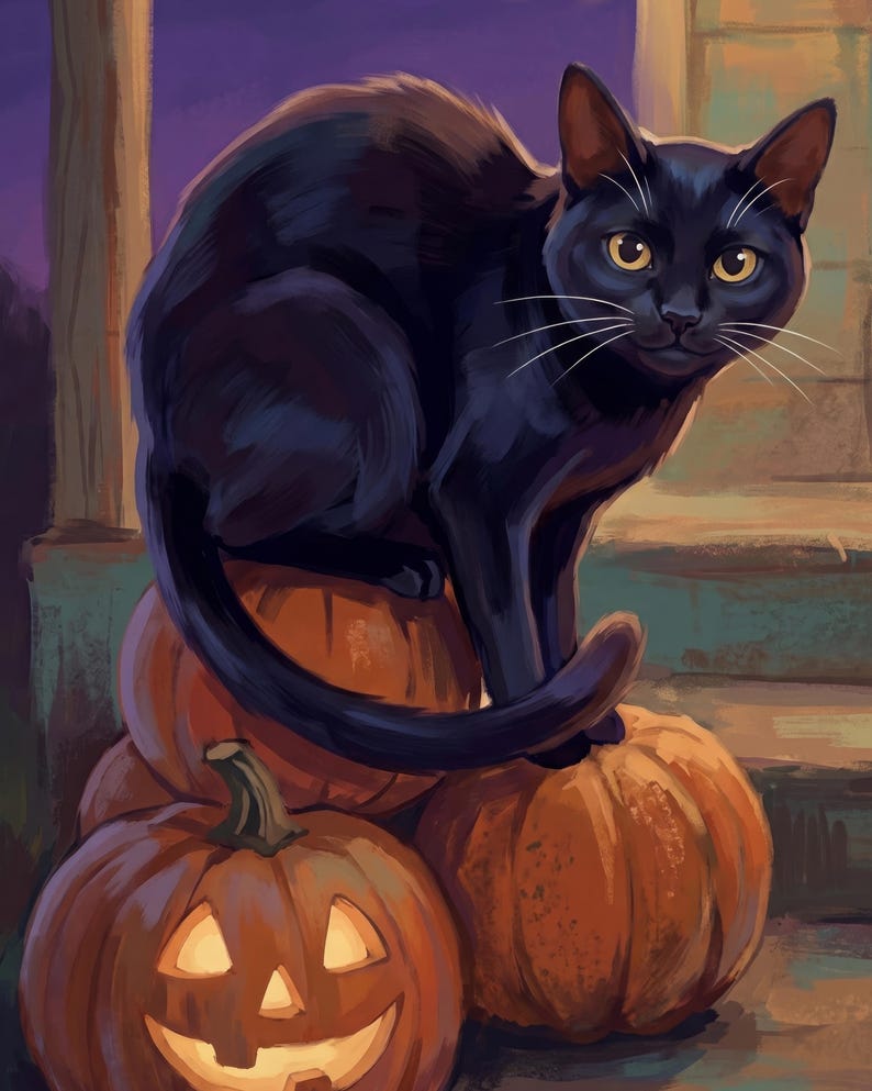 Halloween Pet Portrait from Photo, Spooky Cat Wall Art, Cat on Porch with Pumpkins, Personalized Cat Illustration, Printable Wall Art image 2