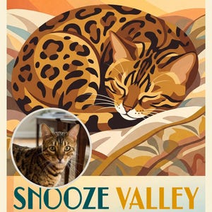 Cat Nap Travel Poster from Your Photo, Personalized Cat Art Print or Canvas, Sleeping Cat Wall Decor, Cozy Golden Hour Bedroom Art