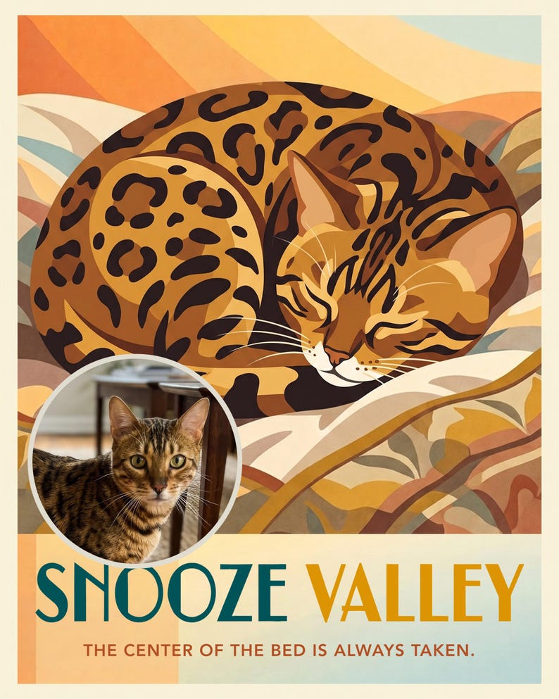 Cat Nap Travel Poster from Your Photo, Personalized Cat Art Print or Canvas, Sleeping Cat Wall Decor, Cozy Golden Hour Bedroom Art