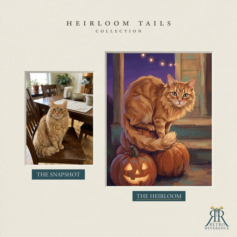May include: A side-by-side comparison titled Heirloom Tails Collection. On the left, a photograph labeled The Snapshot shows an orange cat on a wooden chair. On the right, a digital illustration labeled The Heirloom depicts the same cat sitting on pumpkins.