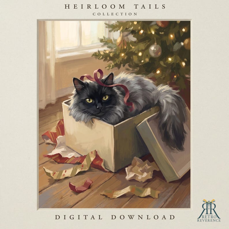 May include: A digital illustration titled Heirloom Tails Collection featuring a fluffy black cat with yellow eyes sitting inside a cardboard gift box. The cat has a red ribbon draped over its head. A decorated Christmas tree is in the background.