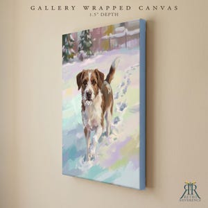May include: A gallery wrapped canvas with a 1.5 inch depth featuring a painting of a brown and white dog walking through snow. The dog has a patch of white on its face and chest, and the background shows a snowy landscape with trees.