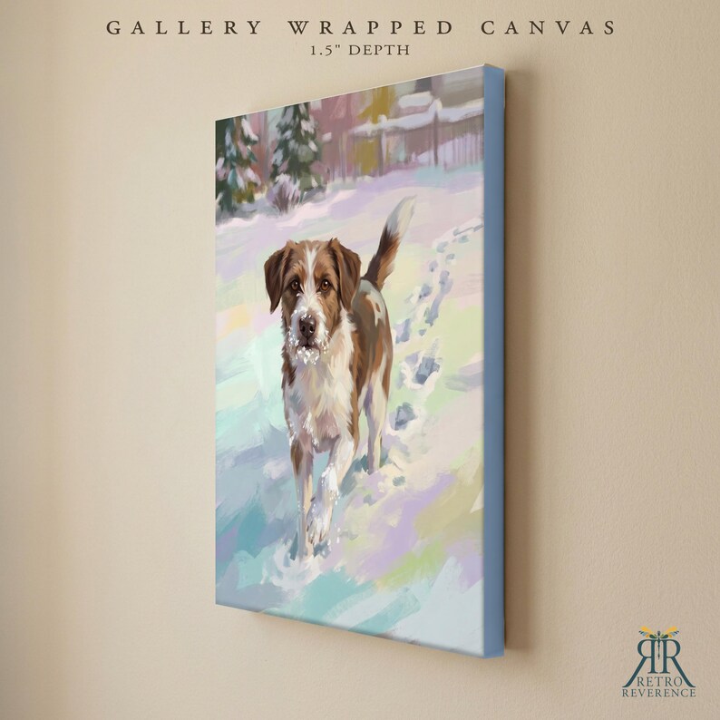 May include: A gallery wrapped canvas with a 1.5 inch depth featuring a painting of a brown and white dog walking through snow. The dog has a patch of white on its face and chest, and the background shows a snowy landscape with trees.
