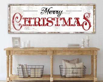 Vintage Merry Christmas Sign Farmhouse Wall Decor, Primitive Rustic Chic Wall Art Neutral Holiday Mantel Decor, Vintage Shabby Country Print