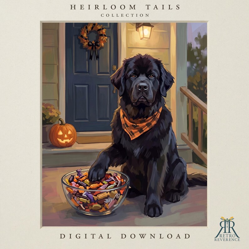 May include: A digital illustration from the Heirloom Tails Collection featuring a black Newfoundland dog wearing an orange and black plaid bandana. The dog sits on a porch next to a glass bowl filled with colorful candy and a jack-o'-lantern.