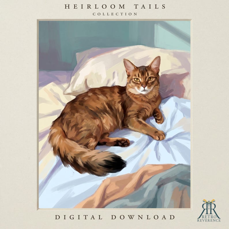 May include: A digital illustration titled HEIRLOOM TAILS COLLECTION featuring a brown tabby cat resting on a light blue bed sheet with a white pillow. The artwork includes the text HEIRLOOM TAILS COLLECTION at the top and DIGITAL DOWNLOAD at the bottom.