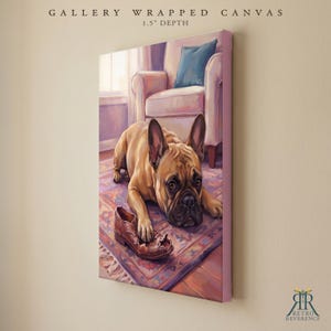 May include: A gallery wrapped canvas with a 1.5 inch depth featuring a painting of a tan French Bulldog lying on a patterned rug with a brown leather shoe. The dog rests its paw on the shoe in a room with a light-colored armchair and blue pillow.