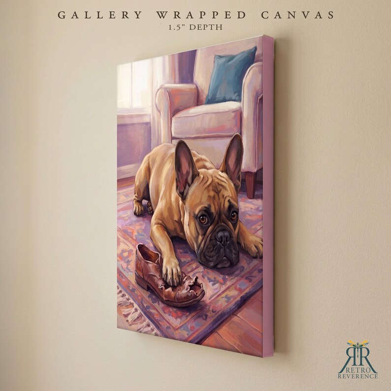 May include: A gallery wrapped canvas with a 1.5 inch depth featuring a painting of a tan French Bulldog lying on a patterned rug with a brown leather shoe. The dog rests its paw on the shoe in a room with a light-colored armchair and blue pillow.