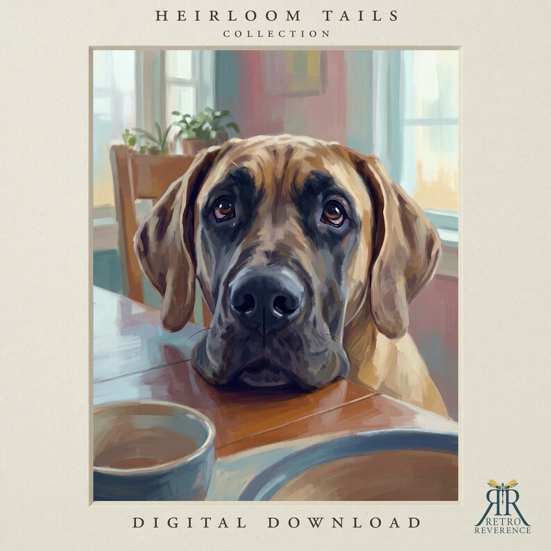 May include: A digital illustration from the Heirloom Tails Collection featuring a brown dog with a black muzzle resting its chin on a wooden table. The scene includes a small bowl and the text Heirloom Tails Collection and Digital Download.