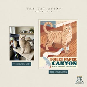Puede incluir: Un cartel titulado The Pet Atlas Collection que muestra una fotograf&iacute;a de un gato atigrado naranja claro en un &aacute;rbol para gatos junto a una ilustraci&oacute;n estilizada del mismo gato con el texto Toilet Paper Canyon, Miles of scenic (and shredded) trails.