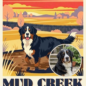 Mud Creek Travel Poster from Your Photo, Custom Dog Art Print or Canvas, Happy Farm Dog Wall Art, Rustic Country Home Decor