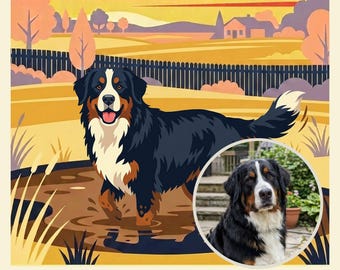 Custom Dog Portrait from Photo, Muddy Dog in the Puddle on the Farm, Retro Travel Poster Artwork, Rustic Wall Art, Art Print or Canvas