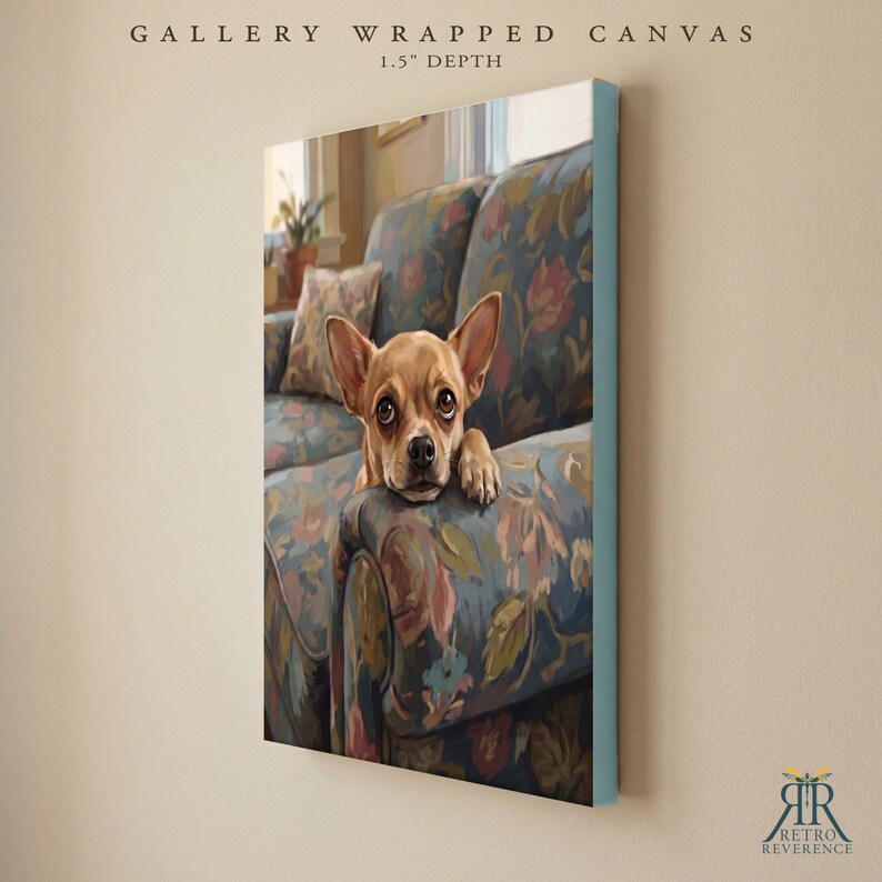 May include: A gallery wrapped canvas with 1.5 inch depth featuring a tan chihuahua resting its chin and paw on a floral patterned sofa. The artwork displays a dog with large brown eyes looking forward, set against a soft, colorful upholstery.