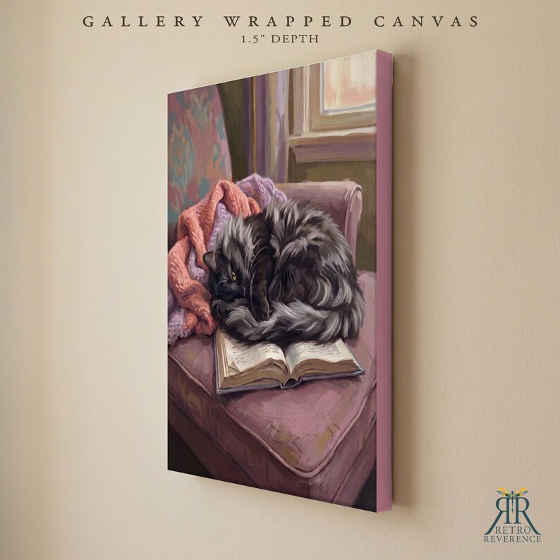 May include: A gallery wrapped canvas with a 1.5 inch depth featuring a painting of a fluffy black cat curled up asleep on an open book. The cat rests on a mauve armchair next to a pink knitted blanket, with a window visible in the background.