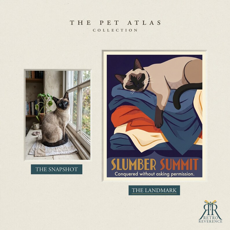 May include: A print titled The Pet Atlas Collection featuring a photograph labeled The Snapshot of a Siamese cat sitting on a windowsill and an illustration labeled The Landmark titled Slumber Summit showing a cat sleeping on a pile of folded fabric.