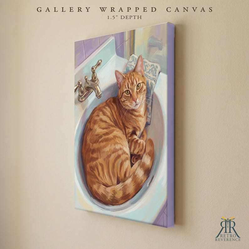 May include: A gallery wrapped canvas with a 1.5 inch depth featuring a painting of an orange tabby cat curled inside a white bathroom sink. The cat has green eyes and is positioned next to a silver faucet and a patterned cloth in the basin.