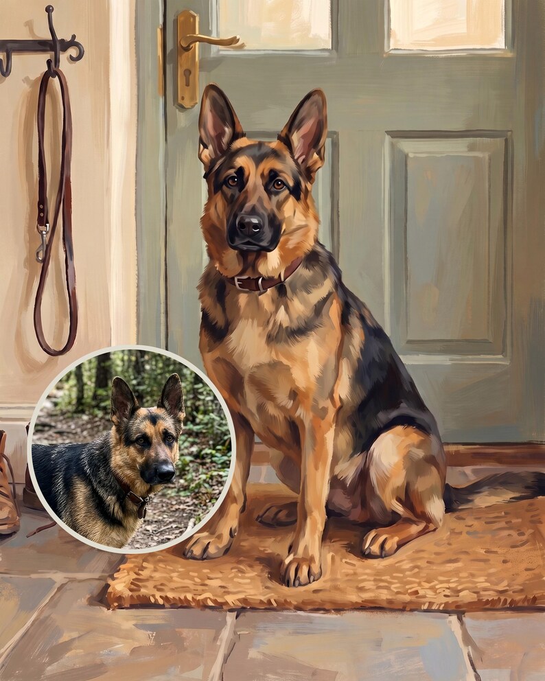 Dog Memorial Portrait from Photo, Custom Dog Waiting at Door Art, Entryway Wall Art, Dog Illustration Digital Download