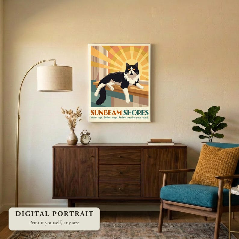Custom cat portrait in a retro travel poster style, a cat lounging in the sunshine, hung on a wall in a living room, shown as a digital file you print yourself