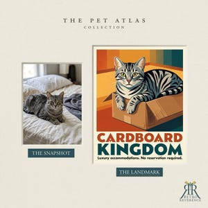 May include: A print titled The Pet Atlas Collection featuring a photograph of a tabby cat on a bed labeled The Snapshot and an illustration of a tabby cat in a cardboard box labeled The Landmark with the text Cardboard Kingdom.