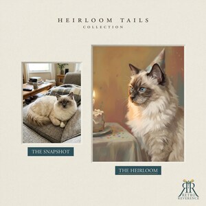 May include: A side-by-side comparison titled HEIRLOOM TAILS COLLECTION. On the left, a photograph labeled THE SNAPSHOT shows a fluffy cream and grey cat on a sofa. On the right, a painting labeled THE HEIRLOOM depicts the same cat wearing a party hat.