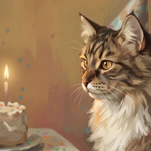 May include: A brown and white tabby cat wearing a patterned party hat, looking toward a small birthday cake with a single lit candle. The scene features scattered colorful confetti on the table and a warm, soft-focus background.
