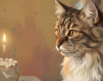 Puede incluir: Un gato atigrado marrón y blanco con un gorro de fiesta estampado, mirando hacia un pequeño pastel de cumpleaños con una vela encendida. La escena muestra confeti de colores esparcido sobre la mesa y un fondo suave.
