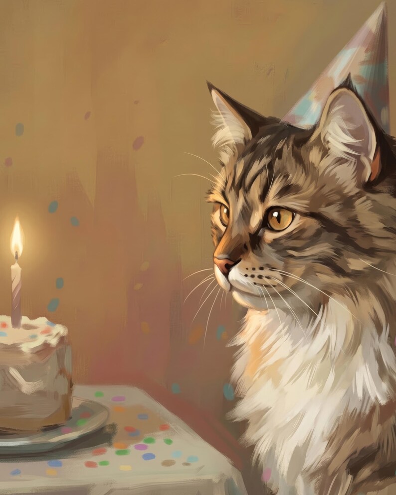 Pet Birthday Portrait from Photo, Party Cat with Candle and Confetti, Celebration Artwork, Cake Art, Digital Prints, Printable Wall Art image 1