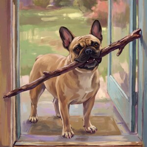 Custom Dog Portrait from Photo, Dog with a Giant Stick at the Front Door, Cottage Garden Illustration, Digital Prints, Printable Wall Art image 2